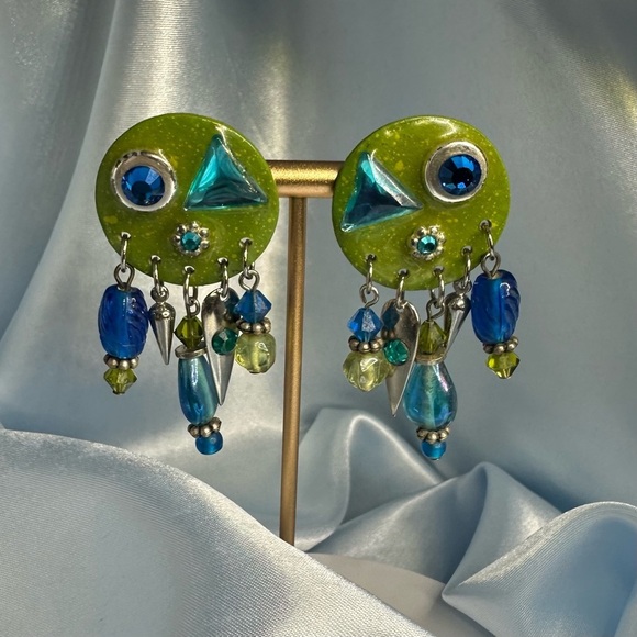 Whimsical Green & Blue Dangle Statement Earrings – Mixed Media Art Jewelry - Picture 7 of 10